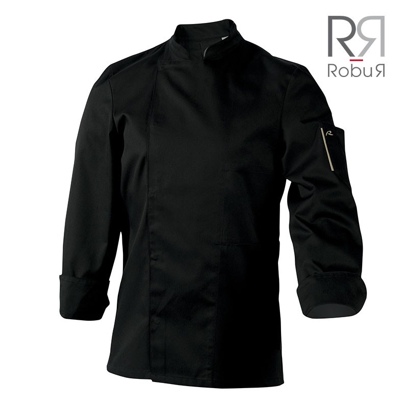 Veste de cuisine style biker, manches longues réglables, boutons